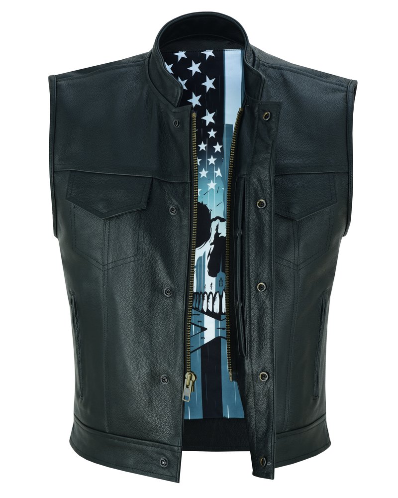 Leather Motorcycle Vest - Men's - Flag and Skull Lining - Club - Up To 8XL - DS193-DS