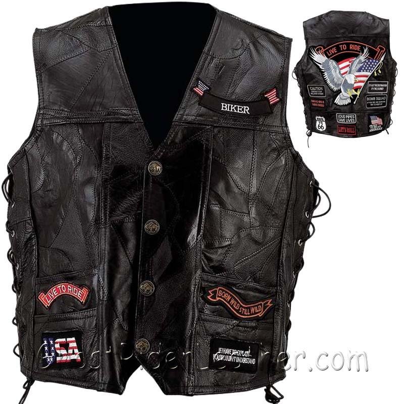 Leather Motorcycle Vest - Men's - Patchwork -  Concealed Carry - 14 Patches - GFVBIK14-BN