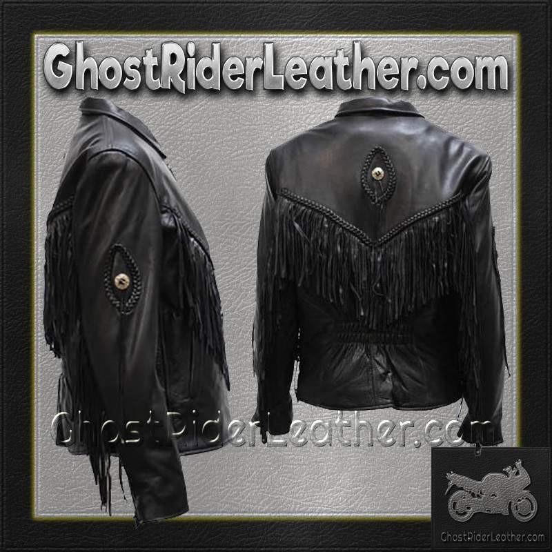 Ladies Leather Jacket with Braid and Fringe Design - SKU LJ280-DL