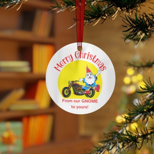 Christmas Ornament - From Our Gnome To Yours - Motorcycle - Red - Yellow - Round - Metal Ornaments