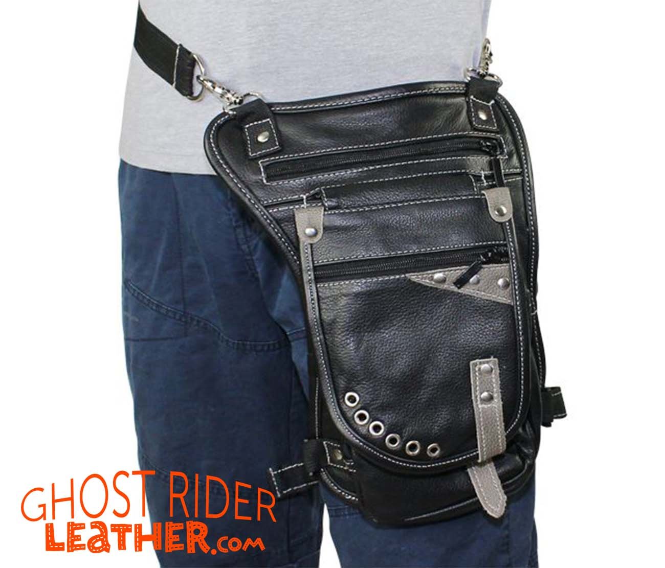 Leather Thigh Bag - Gun Pocket - Black - Touch of Distressed Brown - Motorcycle - AC1029-11-BRN12T-DL