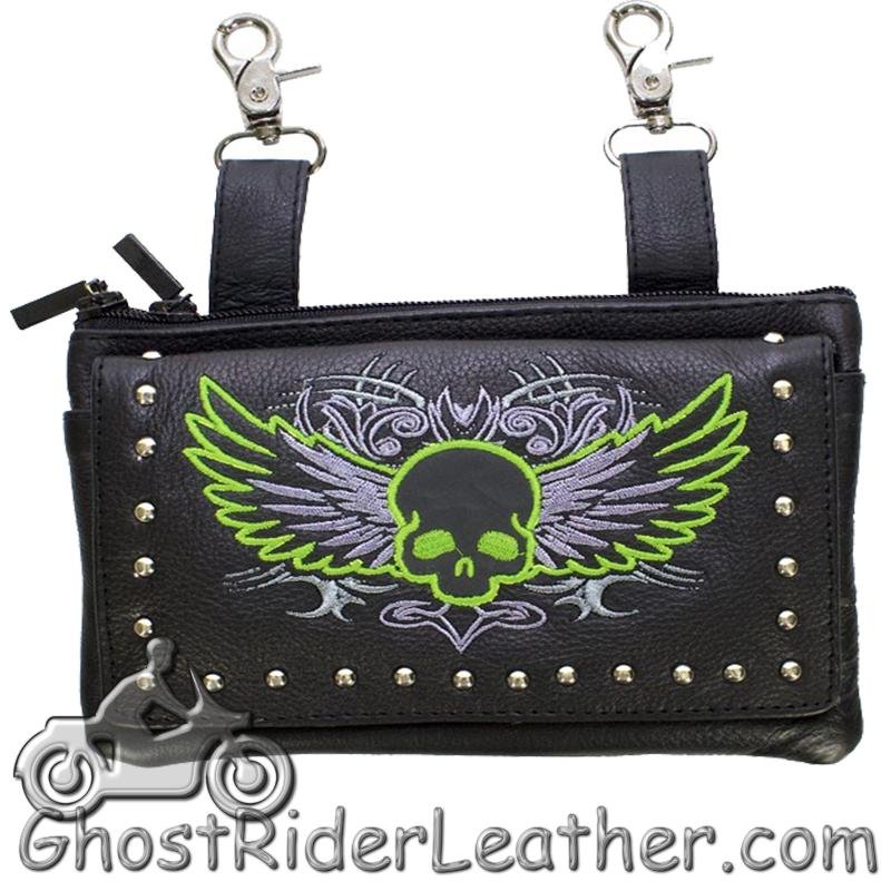 Leather Belt Bag - Lime Green Flying Skull Design - Handbag - BAG35-EBL10-LIME-DL