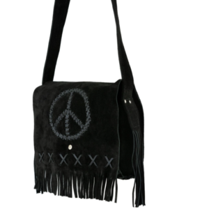 Black Suede Leather Purse - Peace Sign - Fringe - Handbag - AC2050-BLK-DL