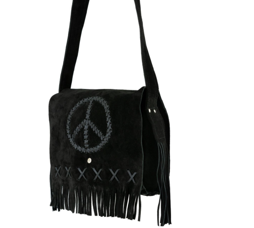 Black Suede Leather Purse - Peace Sign - Fringe - Handbag - AC2050-BLK-DL