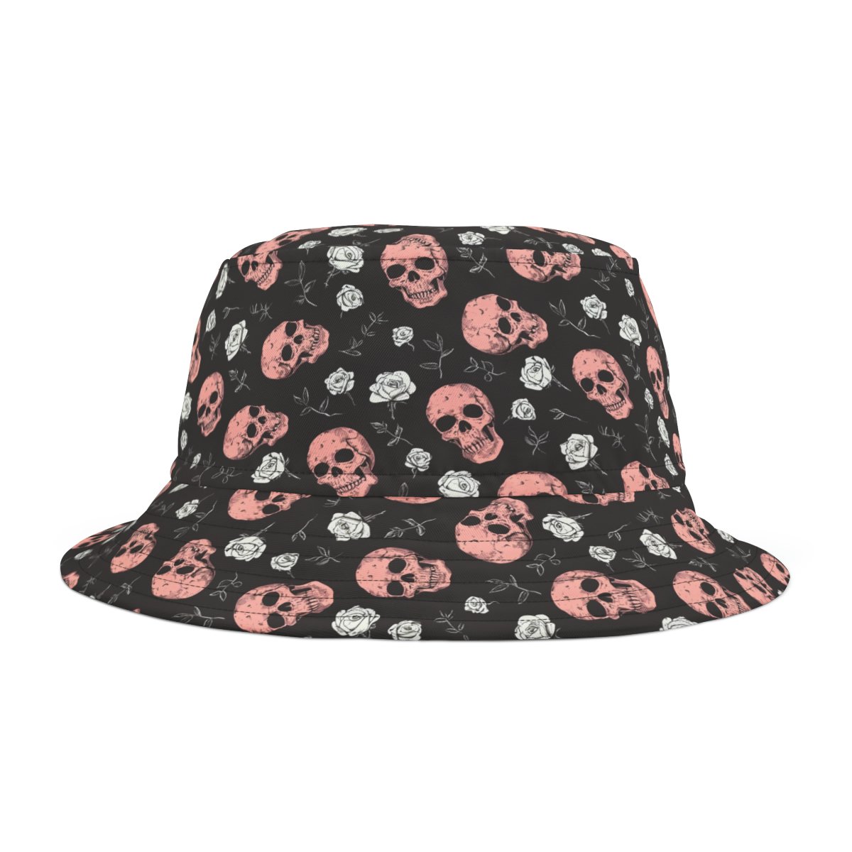 Pink Skulls and White Roses Pattern - Pink and White on Black - Biker Bucket Hat
