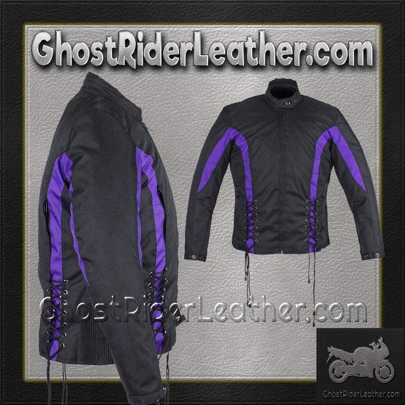 Ladies Textile Racing Jacket In Black and Purple - SKU LJ266-CCN-PURP-DL