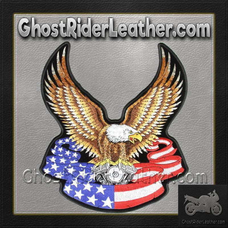 Eagle with V-Twin and American Flag Banner Vest Patch - Large - SKU GRL-PPA1097-HI