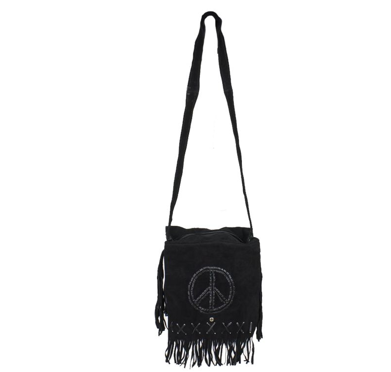 Black Suede Leather Purse - Peace Sign - Fringe - Handbag - AC2050-BLK-DL