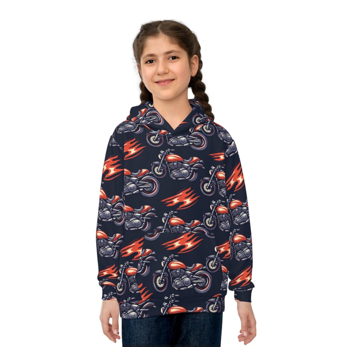 Motorcycle and Flames - Red White on Black - Children's Hoodie (AOP) Motorcycle and Flames - Red White on Black - Children's Hoodie (AOP)
