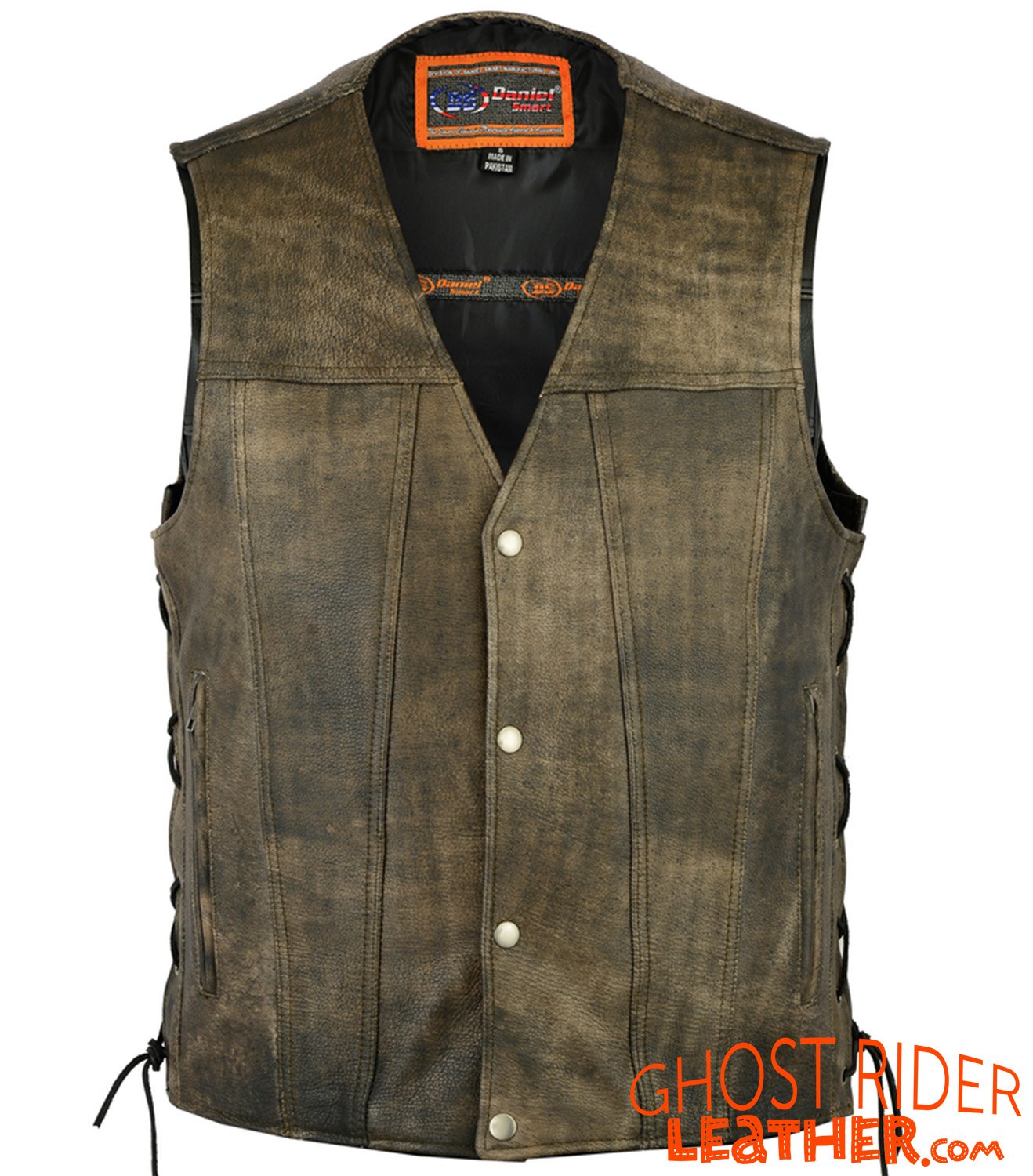 Leather Motorcycle Vest - Men's - Antique Brown - Up To Size 8XL - Side Laces - Big and Tall - DS107-DS