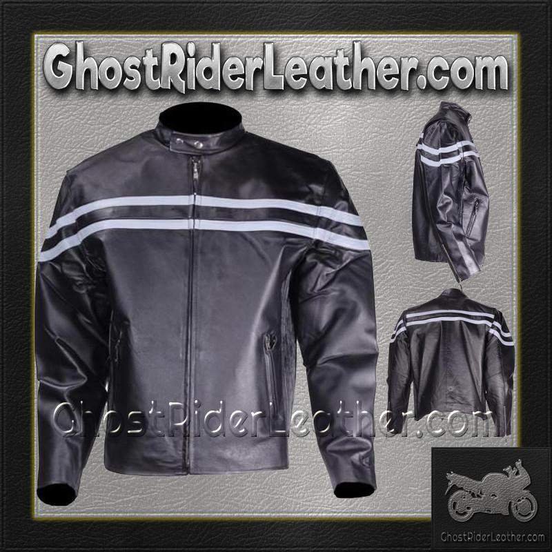 Mens Motorcycle Racer Jacket with Silver Stripe / SKU GRL-MJ779-SIL-DL