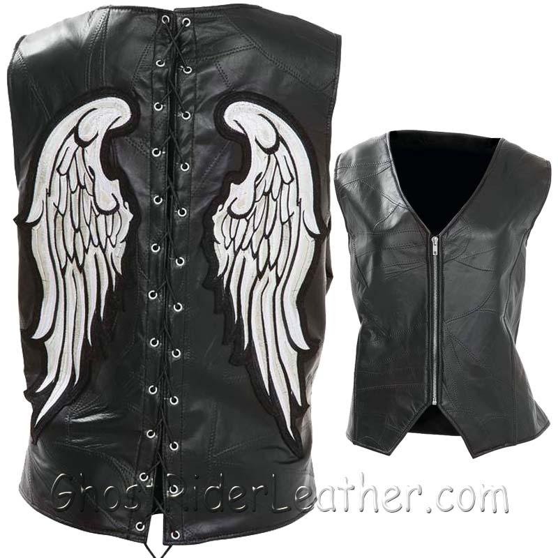 Diamond Plate Ladies Rock Design Genuine Leather Angel Wing Vest - SKU GFVLAW-BF