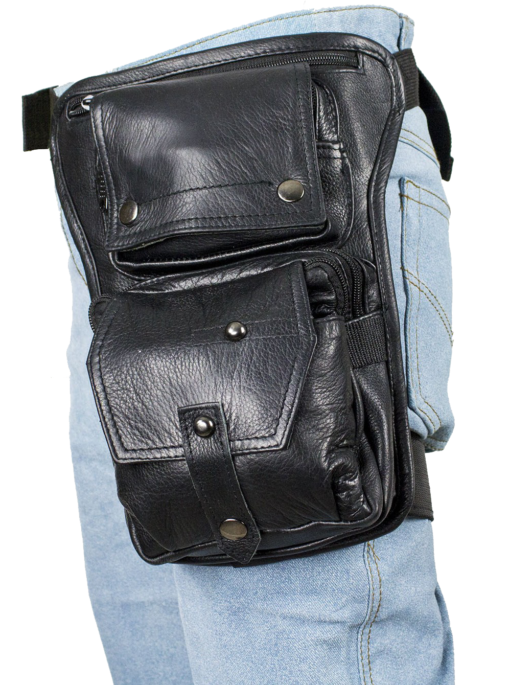 Black Leather Multi Pocket Thigh Bag with Gun Pocket - SKU AC1025-11-DL