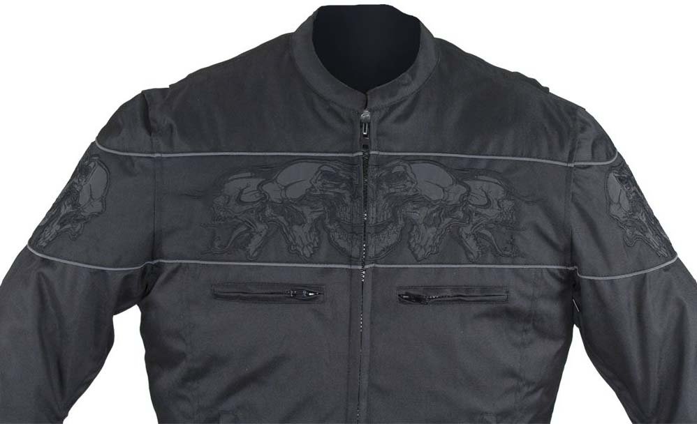 Textile Motorcycle Jacket - Reflective Skulls - Up To 64 - Concealed Carry Pockets - MJ825-CC-DL