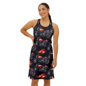 Motorcycles and Flames - Red Orange on Black - Women's Racerback Dress (AOP)