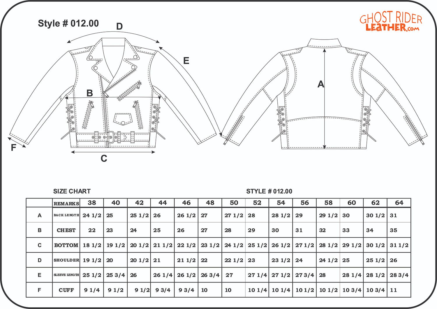 Leather Motorcycle Jacket - Men's - Classic - Side Laces - 12-00-UN Size Chart