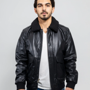 Leather Bomber Jacket - Men's - Black - Faux Shearling Collar - FMM219BP-FM