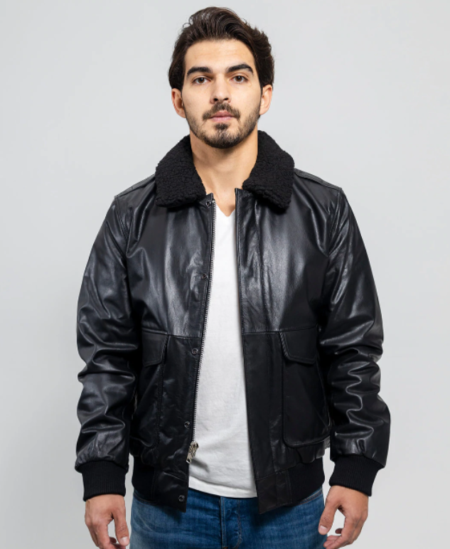 Leather Bomber Jacket - Men's - Black - Faux Shearling Collar - FMM219BP-FM