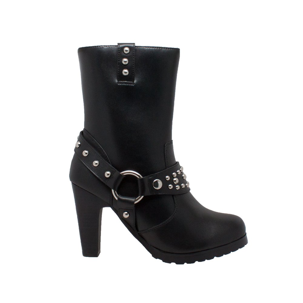 Women's Black Leather Heeled Harness Motorcycle Boots With Studs - Biker Boots - 8546-DS