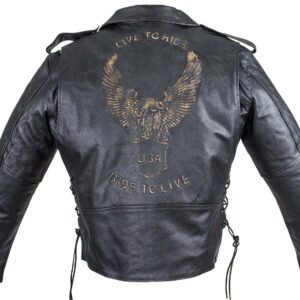 Embossed Eagle Motorcycle Jacket with Side Laces and Live To Ride - SKU MJ703-SS-DL
