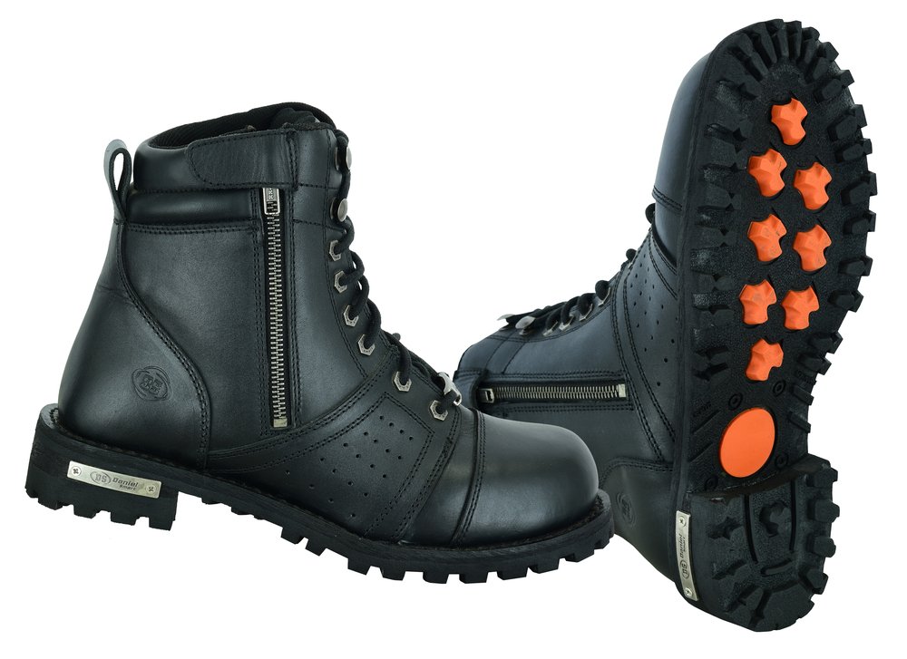 Men's Black 6 Inch Motorcycle Boots - Perforated - Medium or Wide - Side Zipper - Plain Toe - DS9731-DS