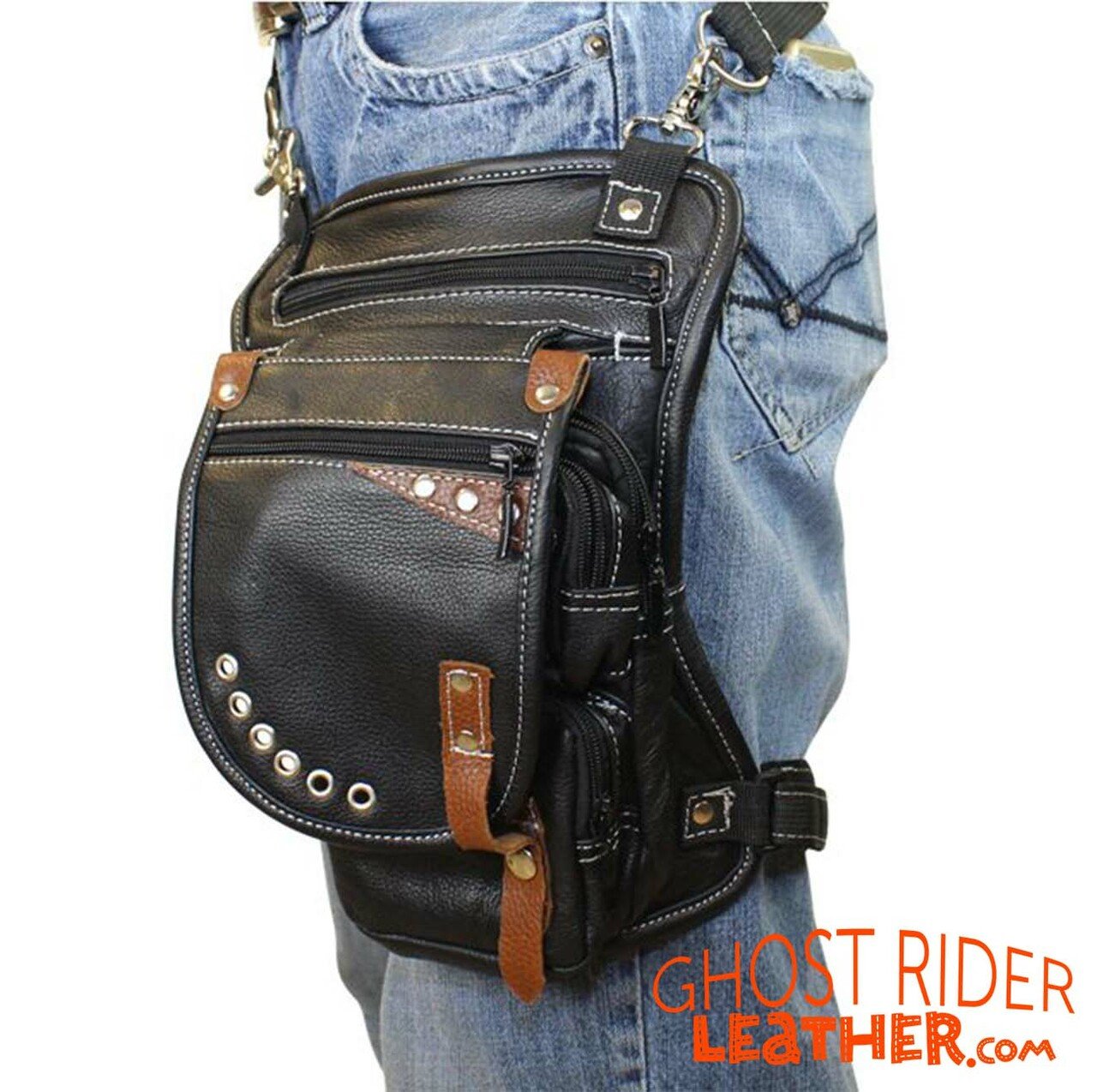 Leather Thigh Bag - Gun Pocket - Black - Touch of Brown - Motorcycle - AC1029-11-BRN2T-DL