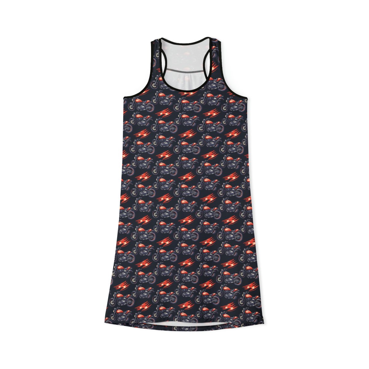 Motorcycles and Flames - Small Print - Red Orange on Black - Women's Racerback Dress (AOP)