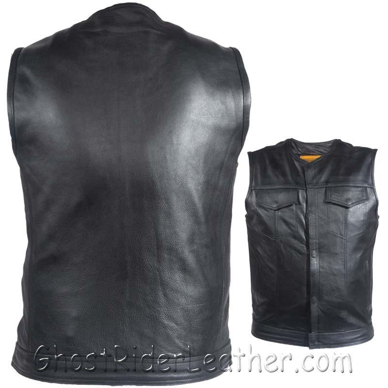 Mens Leather Motorcycle Club Vest with Zipper and No Collar / SKU MV8008-ZIP-SS-DL