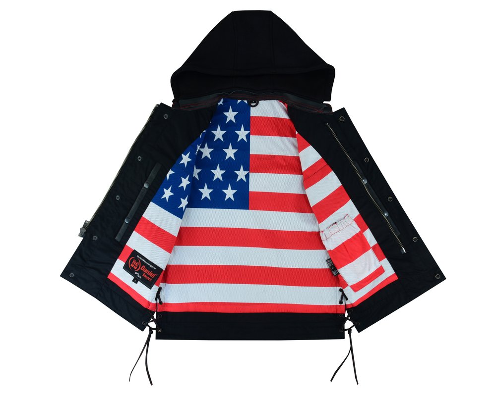 Leather Motorcycle Vest - Men's - Road Edge - USA Flag Liner - Hoodie - Up To 8XL - DS194-DS