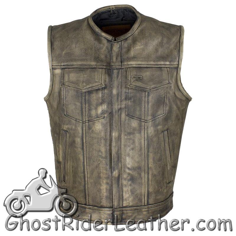 Leather Motorcycle Vest - Men's -  Distressed Brown - SOA Club - MV8007-ZIP-12-DL
