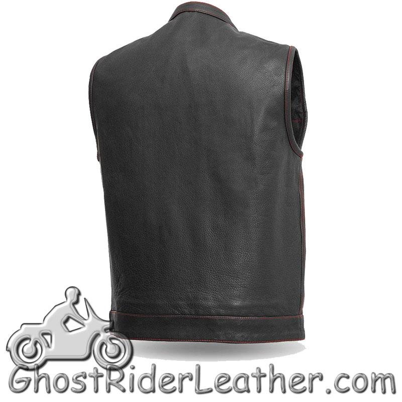 Leather Motorcycle Vest - Men's - Red Stitching - Up To Size 8XL - USA Flag Lining - FIM684CDM-FM