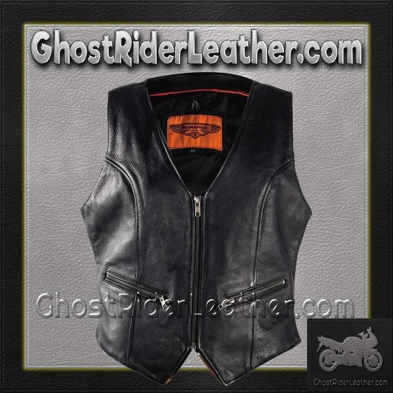 Women's Leather Motorcycle Zipper Vest with Concealed Carry Pockets - SKU LV8507-DL