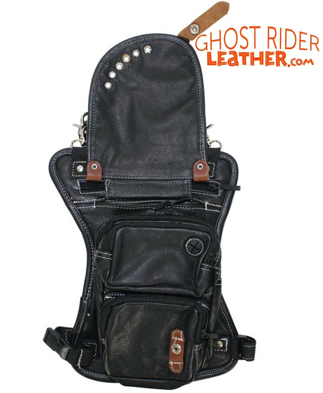 Leather Thigh Bag - Gun Pocket - Black - Touch of Brown - Motorcycle - AC1029-11-BRN2T-DL