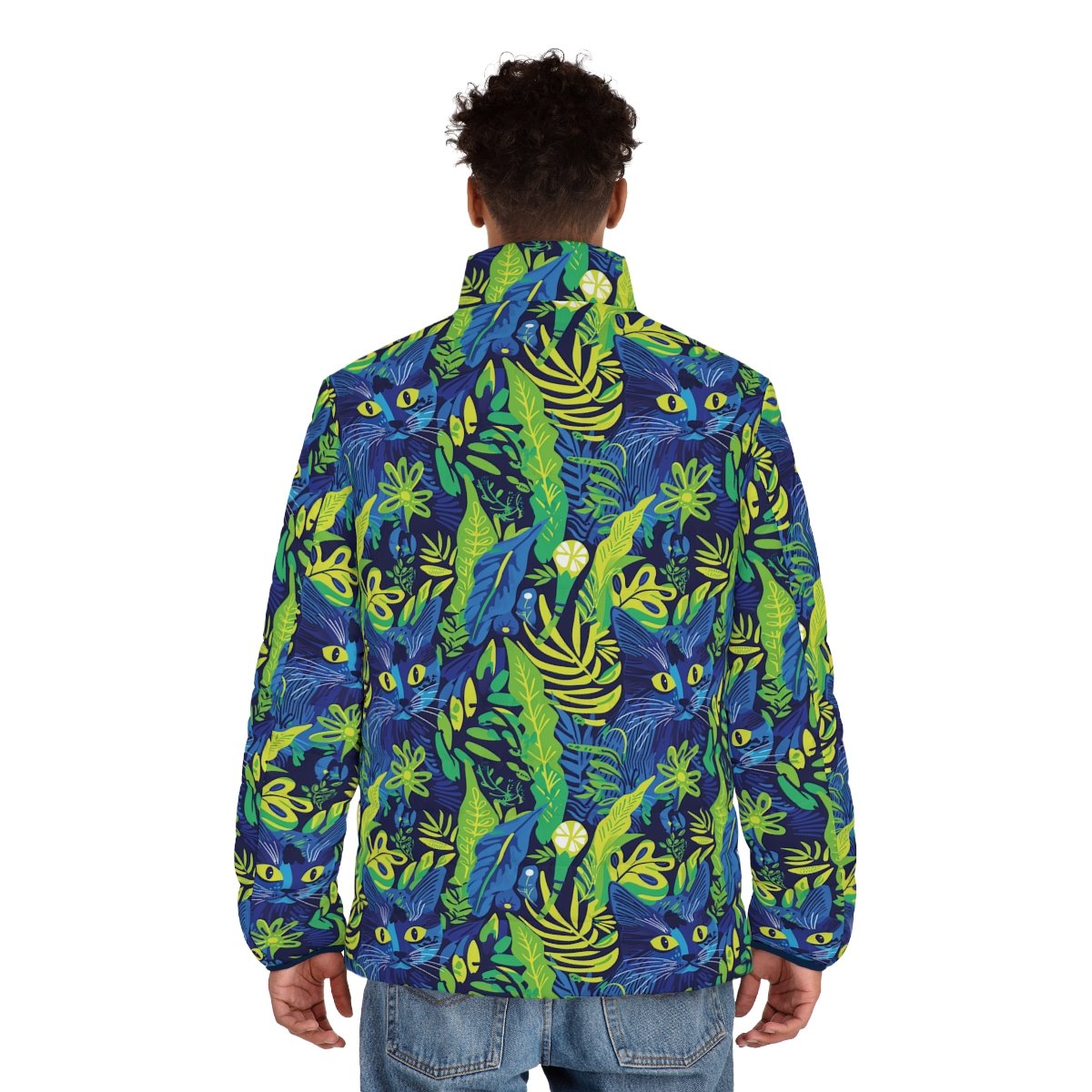 Cat Hiding in the Plants - Blues Greens Yellow - Multi Color - Men's Puffer Jacket