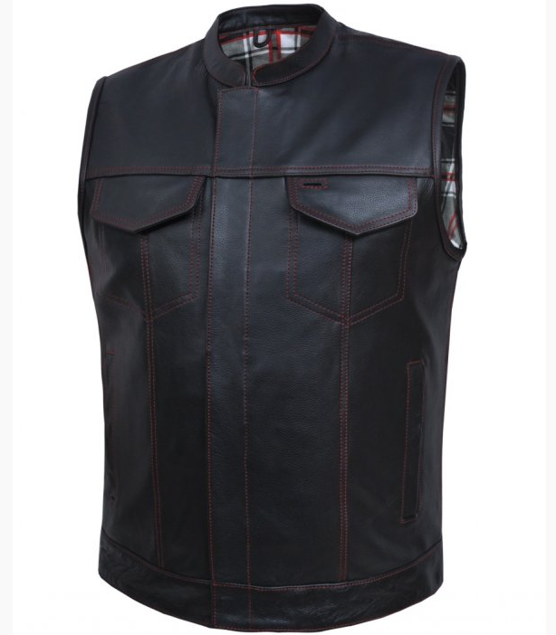 Leather Motorcycle Vest - Men's -  Black and Red Flannel Liner - 6664-01-UN