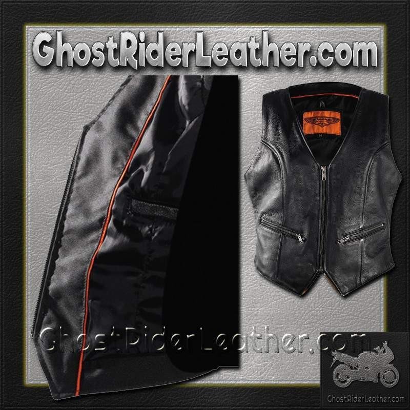 Women's Leather Motorcycle Zipper Vest with Concealed Carry Pockets - SKU LV8507-DL