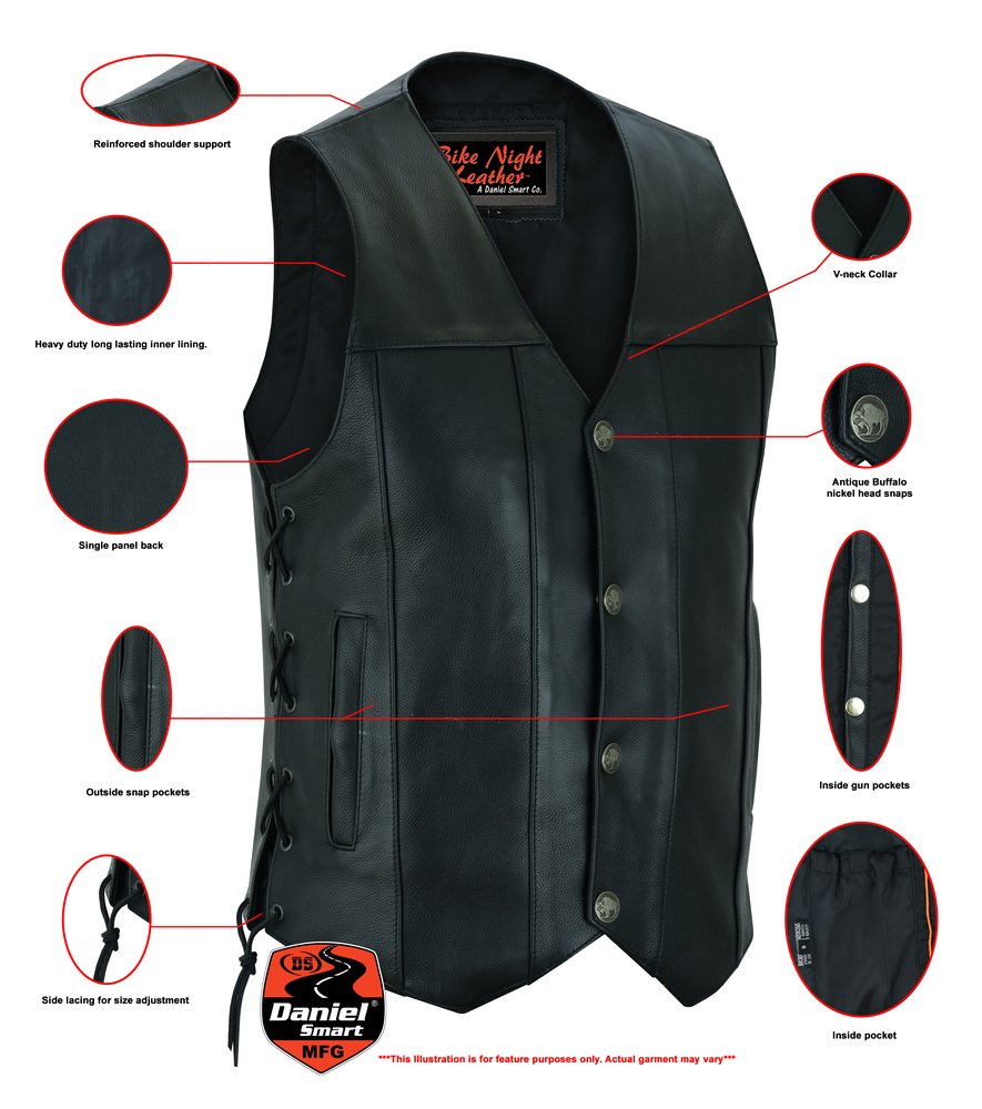 Leather Motorcycle Vest - Men's - Gun Pockets - Buffalo Nickel Snaps - Up To 8XL - DS142-DS