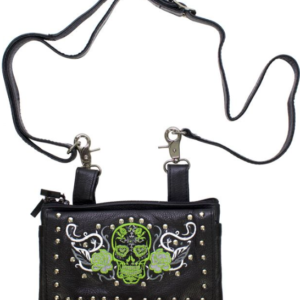 Leather Belt Bag - Lime Green - Sugar Skull Roses - Handbag - BAG35-EBL14-LIME-DL