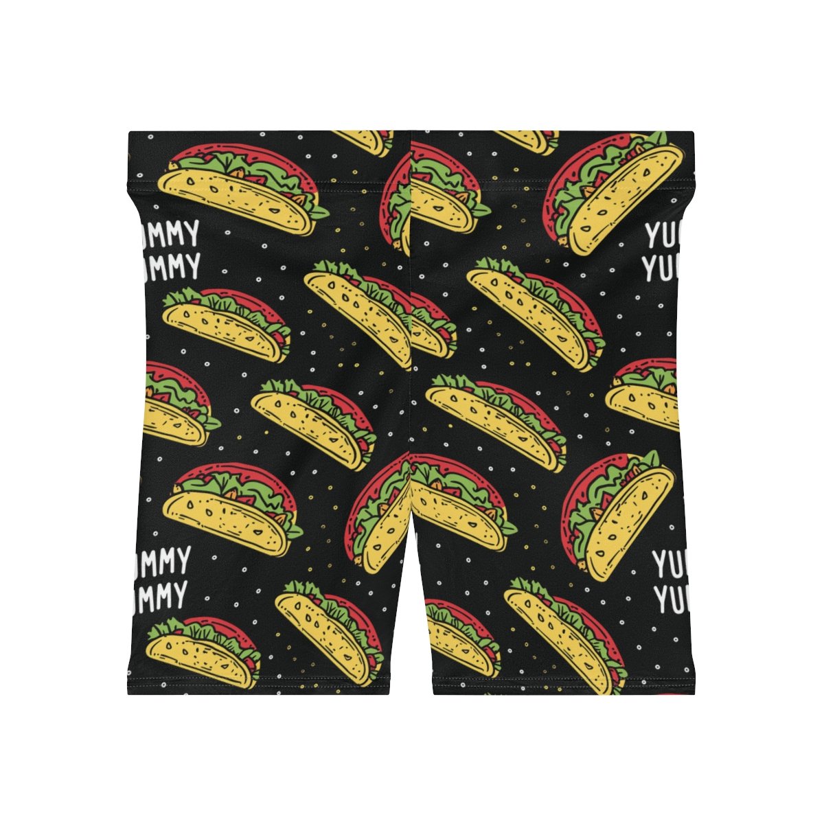 Doodle Tacos - Red Green Yellow on Black - Text Yummy Yummy - Women's Biker Shorts