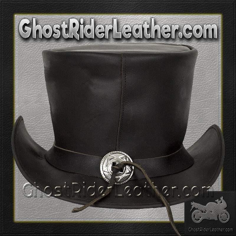 Black Leather Deadman Top Hat with Chrome Chain / SKU GRL-HAT8-11-DL