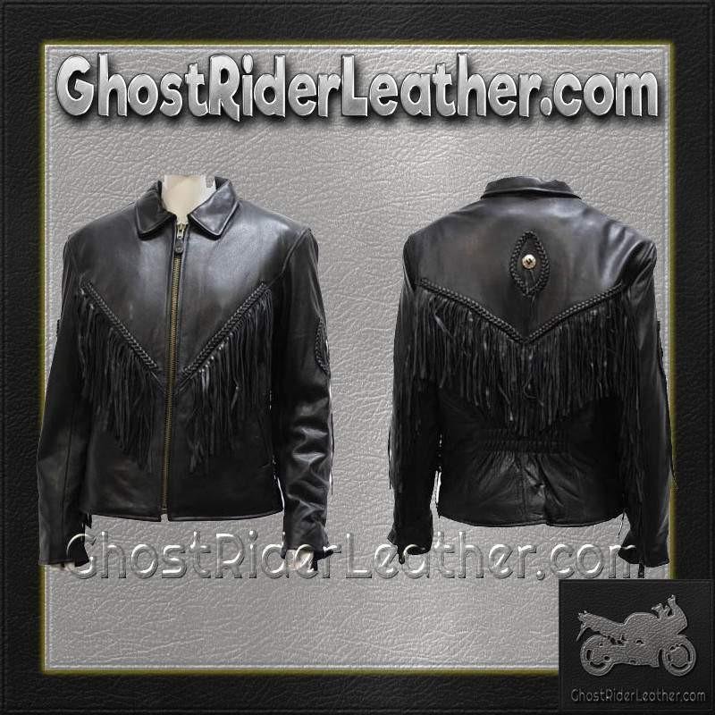 Ladies Leather Jacket with Braid and Fringe Design - SKU LJ280-DL