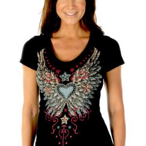 Women's Vintage Wings and Stars Shirt - Short Sleeves - 7154BLK-DS