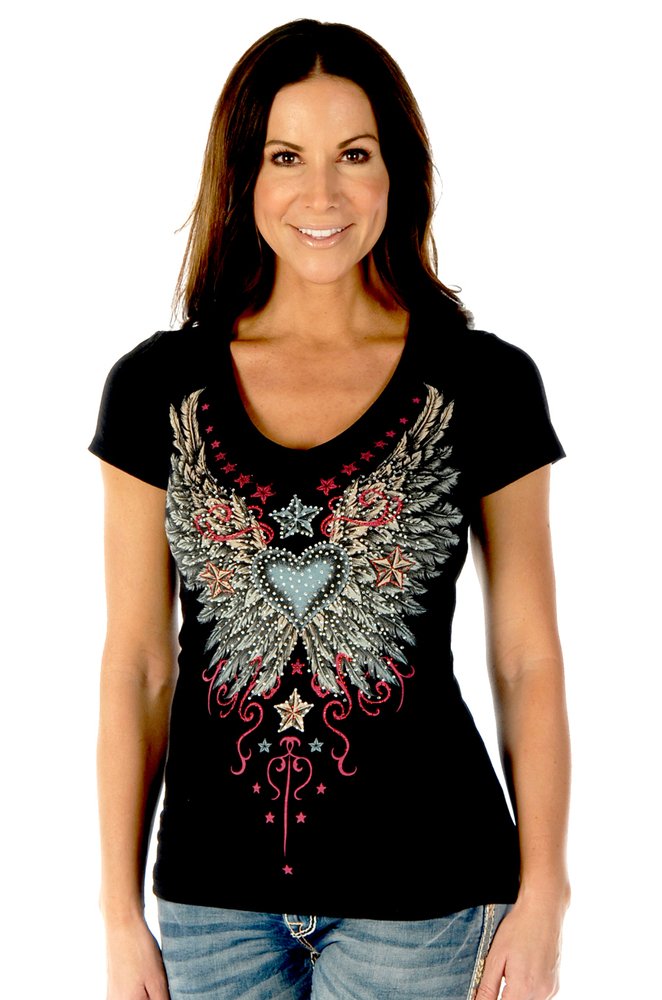 Women's Vintage Wings and Stars Shirt - Short Sleeves - SKU 7154BLK-DS