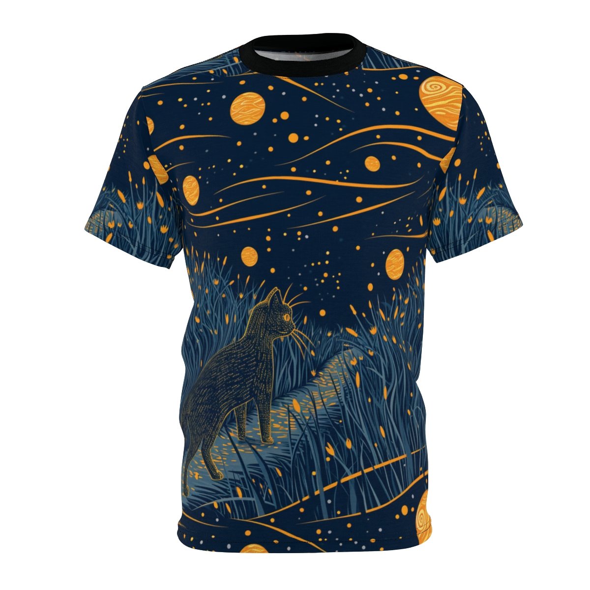 Cat and the Golden Moons - Dark Blue Orange Gold Multi Colors - Unisex T-Shirt - Tee