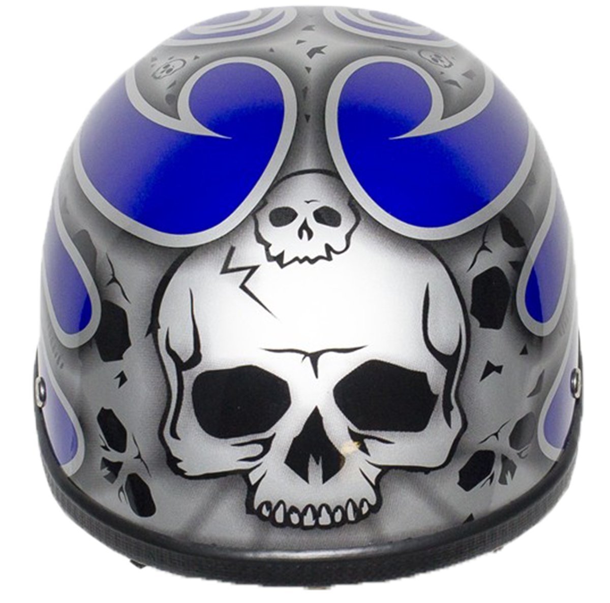 Novelty Motorcycle Helmet - Silver Skulls - Blue Flames - H401-D4-BLUE-1-DL