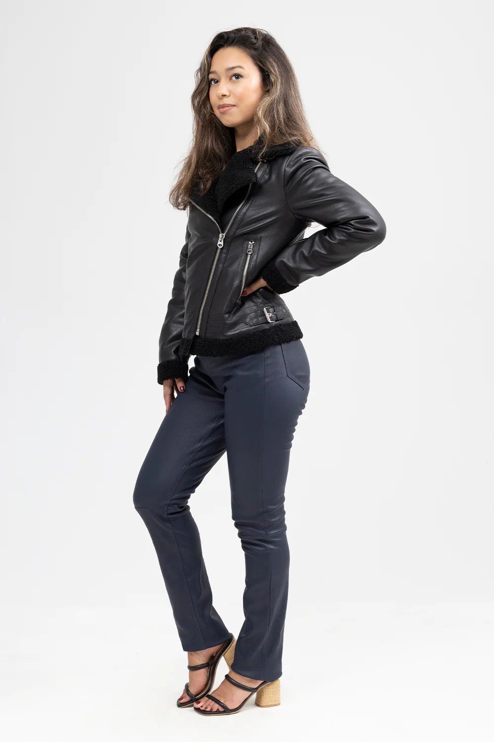 Leather Motorcycle Jacket - Women's - Black Faux Wool Lining - WBL1404-FM