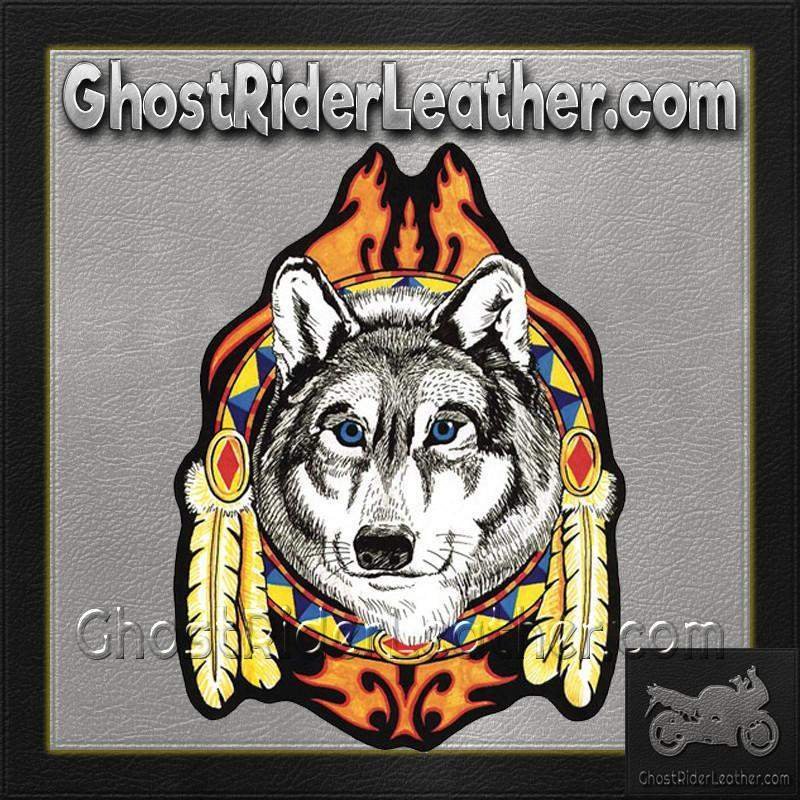 Large Wolf Head with Feathers and Blue Eyes Patch / SKU GRL-PAT-A50-DL