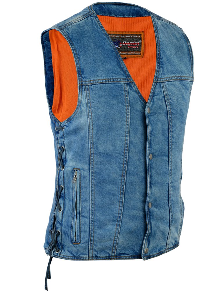 Men's Denim Motorcycle Vest - Blue - Single Panel Back - SKU DM905BU-DS. Big Sizes available. 4X 5X 6X 7X 8X.