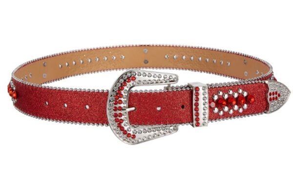 Unisex Rhinestone Bling Belt - Red and Silver - Skulls - Rhinestones - Faux Leather - FBL22-DL