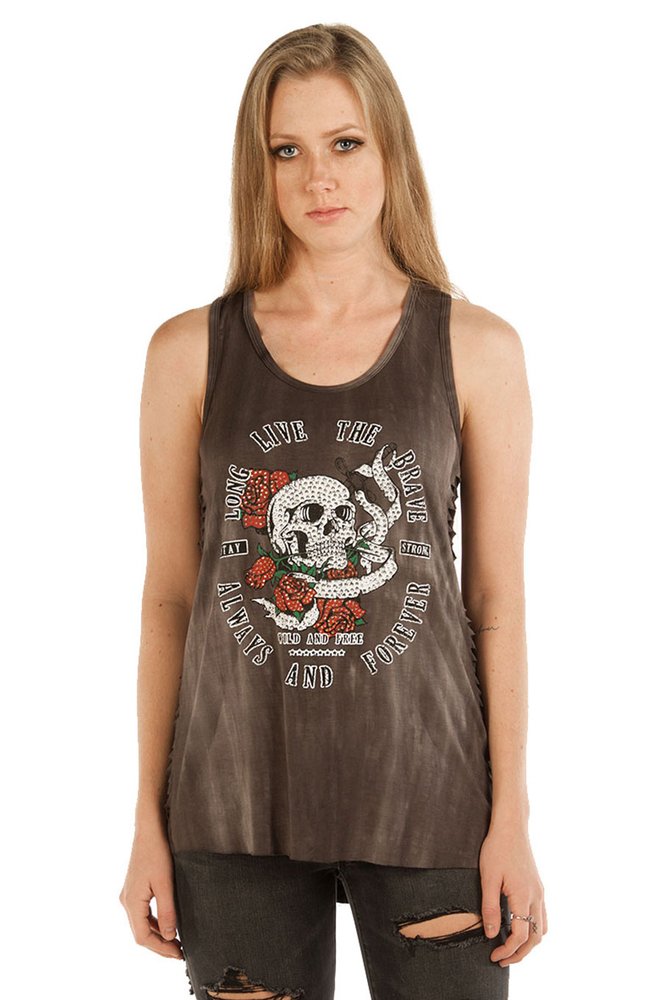 Women's Sleeveless Tank Shirt - Long Live The Brave Skull Graphic - Sleeveless - SKU 7509CHAR-DS